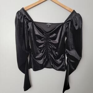 Express Black Velvet Coquette Crop Top Puff Sleeve Whimsigoth Holiday Sz S Fairy